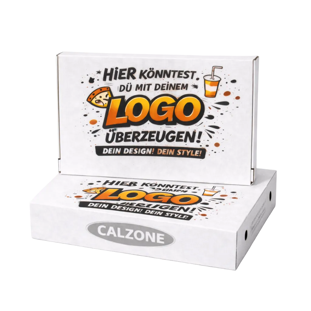 Eine bedruckte Calzonebox mit individuellem Druck in bis zu vier Farben und stabiler Kartonqualität in der Größe 30x16x10 in weißer Kartonage
