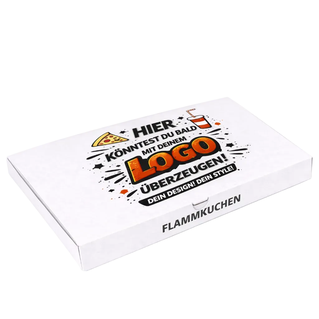 Weißer Flammkuchenkarton 31x41,5x3,5 cm für Flammerie und Pizzeria, individuell bedruckt mit eigenem Logo für Flammkuchenspezialitäten, Take-away und Gastronomie, ideal für Lieferservice günstig im Online-Großhandel Pizzabox24