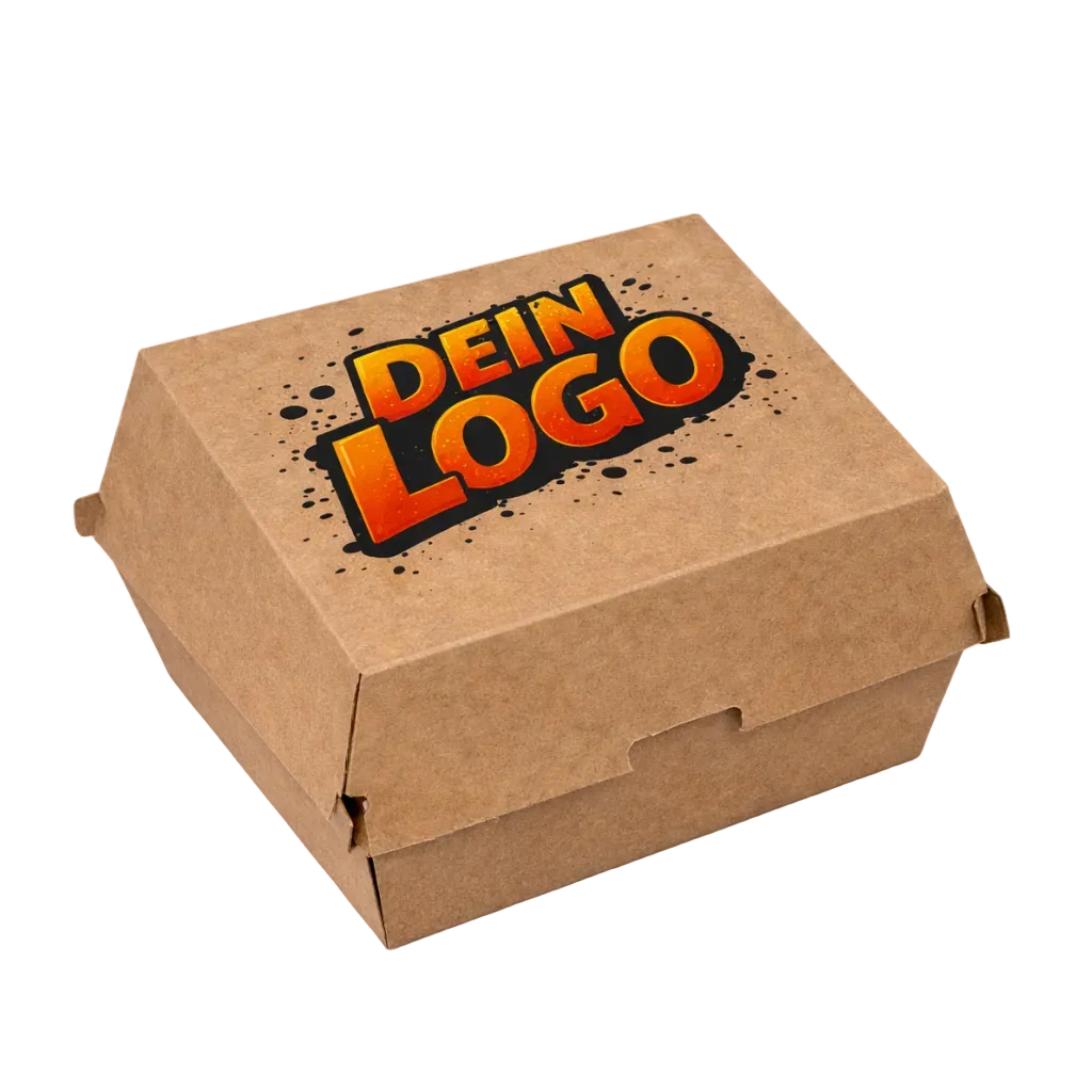 Hamburgerkarton mit eigenem Logo in Braun oder Weiß aus stabilem Karton mit individuellem Druck in bis zu vier Farben direkt im Onlinegroßhandel und palettenweise geliefert für Burger 