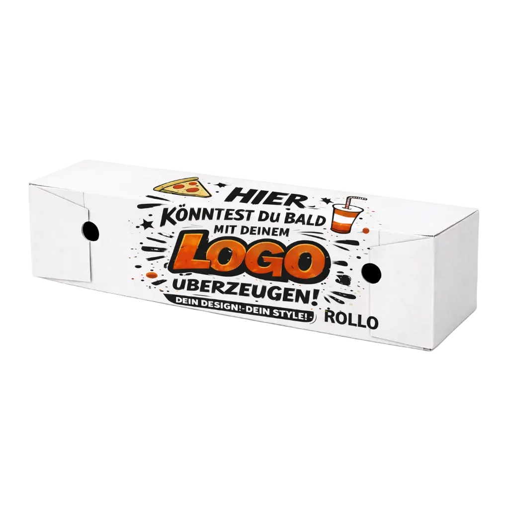 Rollobox mit eigenem Logo für Pizzabrötchen oder andere kleine Ofenspezialitäten in weiß mit individuellem Druck in bis zu vier Farben und auf hochwertigem Karton in weiß und braun