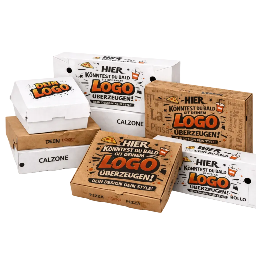 Bedruckte Pizzakartons und Calzoneboxen mit eigenem Logo in Weiß und Braun für Pizza, Calzone, Rollo und Pinsa. Individueller Druck in 1–4 Farben, stabile E-Welle, lebensmittelecht, palettenweise zu Großhandelspreisen für Gastronomie und Lieferservice.
