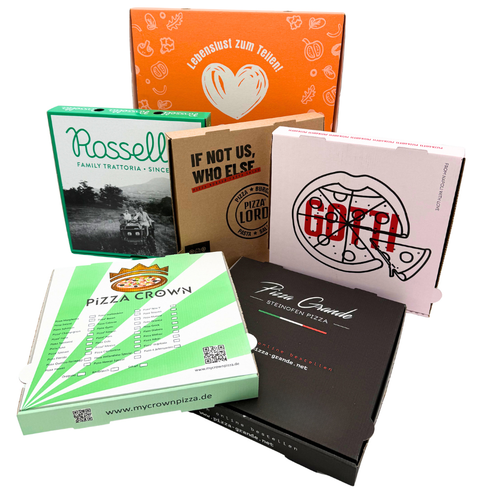 Mehrere Bedruckte Pizzakartons in den Formaten 30x30x4, 32x32x4, 33x33x4 und 40x40x4 aus hochwertigen Kartonagen als Referenzen mit eigenem Logo bedruckt für starkes Branding