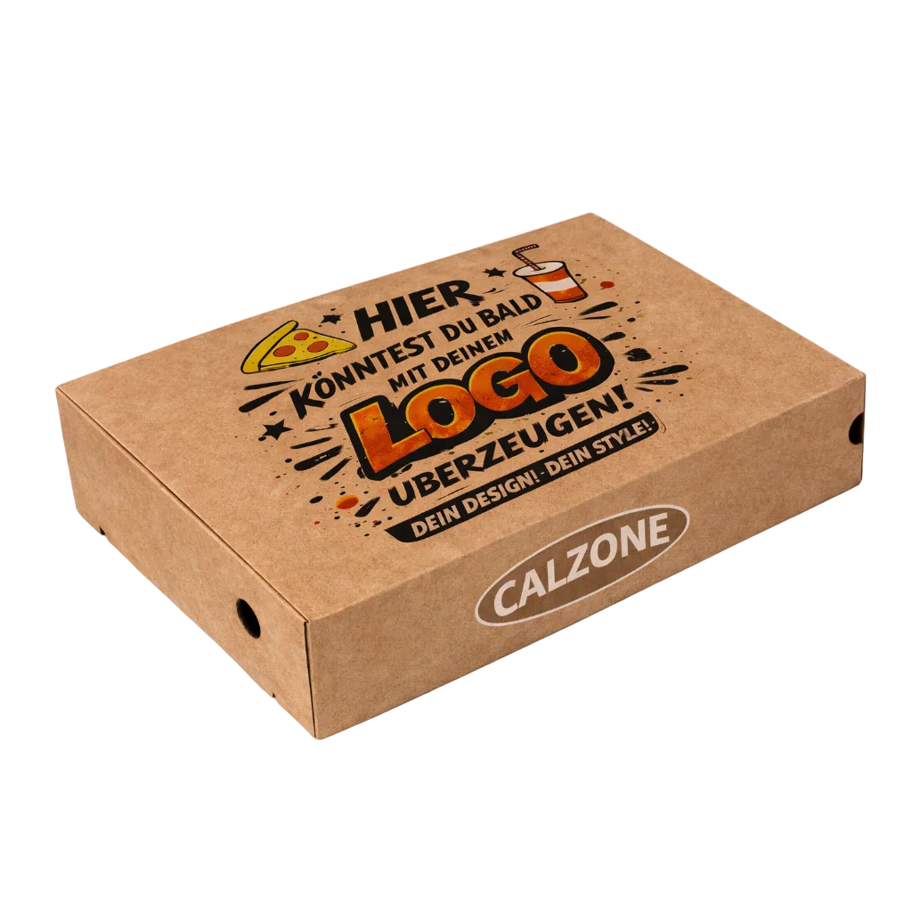 Braune Calzonebox 30x16x10 cm für Pizzabäcker, individuell bedruckt mit eigenem Logo, stabiler Pizzakarton für Calzone, Take-away und Gastronomie, ideal für Lieferservice günstig im Online-Großhandel Pizzabox24 liegend