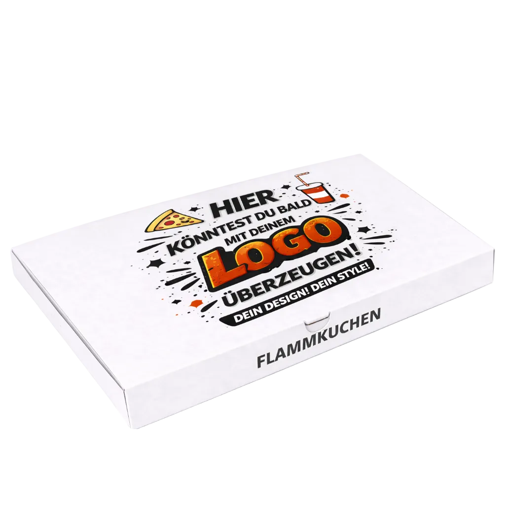 Weißer Flammkuchenkarton 31x41,5x3,5 cm für Flammerie und Pizzeria, individuell bedruckt mit eigenem Logo für Flammkuchenspezialitäten, Take-away und Gastronomie, ideal für Lieferservice günstig im Online-Großhandel Pizzabox24 liegend