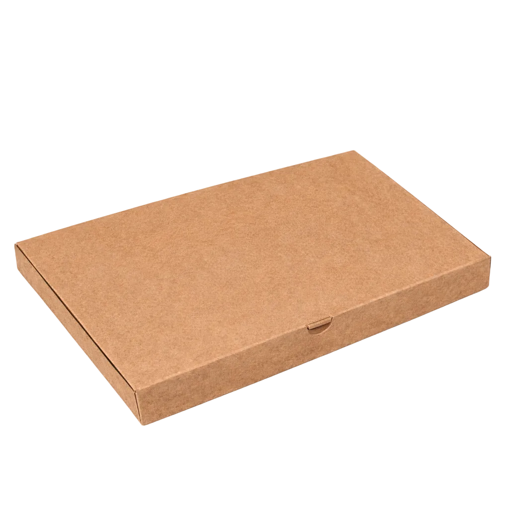 Flammkuchenkarton 31x41,5x3,5 cm braun unbedruckt aus Kraftkarton, flache stabile Verpackung für Flammkuchen und große rechteckige Speisen, lebensmittelecht und stapelbar für Gastronomie und Lieferservice