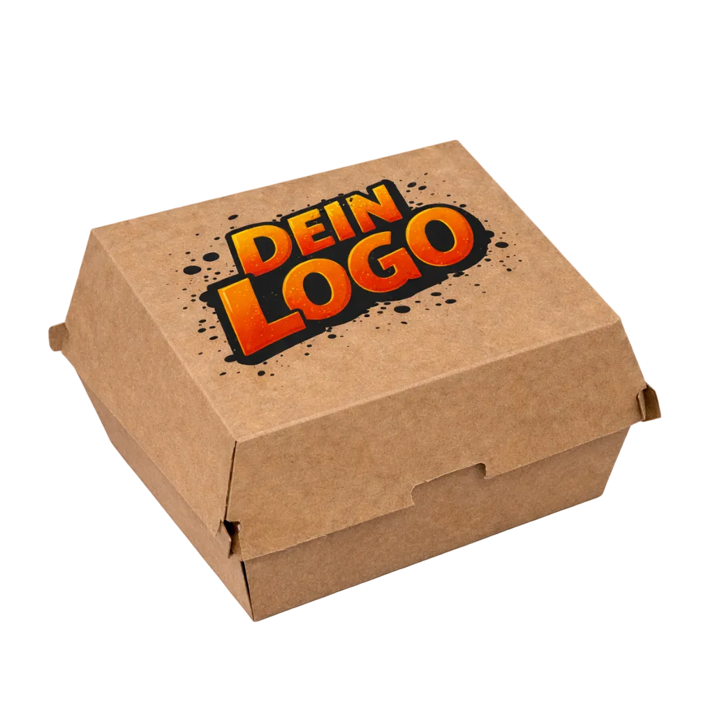 Hamburgerkarton 12x12x7,5 cm braun aus stabilem Karton, individuell mit eigenem Logo bedruckbar, ideal für Burger, Take-away und Lieferservice, lebensmittelecht und stapelbar für Gastronomie und Imbiss