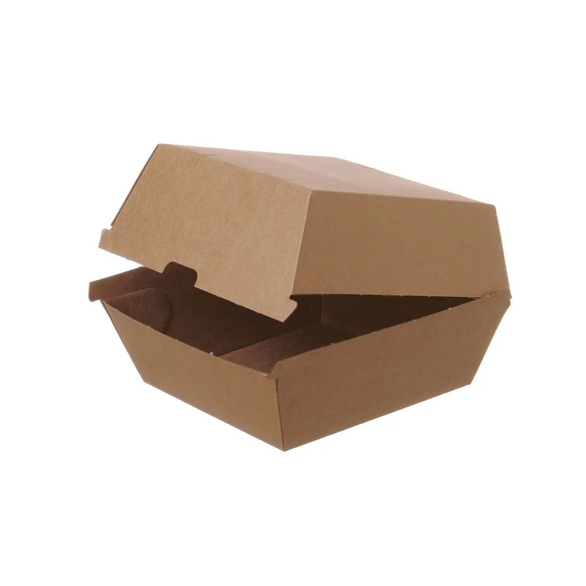 Unbedruckte Hamburgerbox 12x12x7,5 cm aus braunem Kraftkarton, geöffnet dargestellt, stabile Burgerverpackung für Take-away, Imbiss und Gastronomie, lebensmittelecht und stapelbar