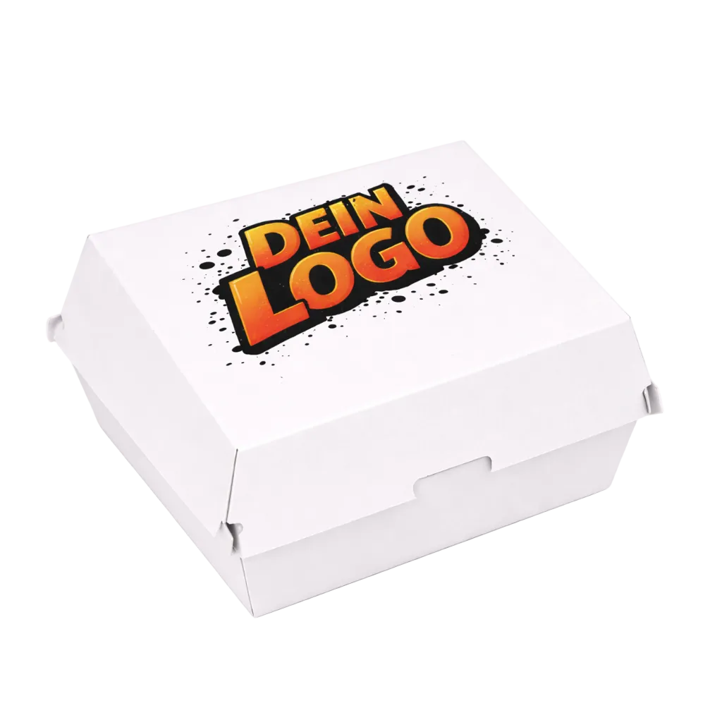 Hamburgerkarton 12x12x7,5 cm weiß aus stabilem Karton, individuell mit eigenem Logo bedruckbar, ideal für Burger, Take-away und Lieferservice, lebensmittelecht und stapelbar für Gastronomie und Imbiss