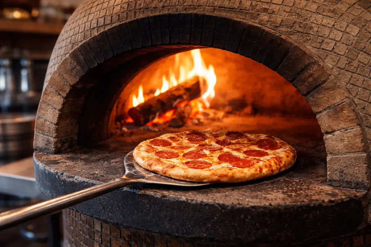 Ein Pizzaofen mit einer herrlich frischen Pizza-Salami wird mit günstigem Zubehör von Pizzabox24.com fertig gebacken