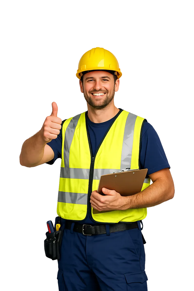 Ein Lagerarbeiter hält den Daumen hoch und zeigt dir an wie gut alles ist