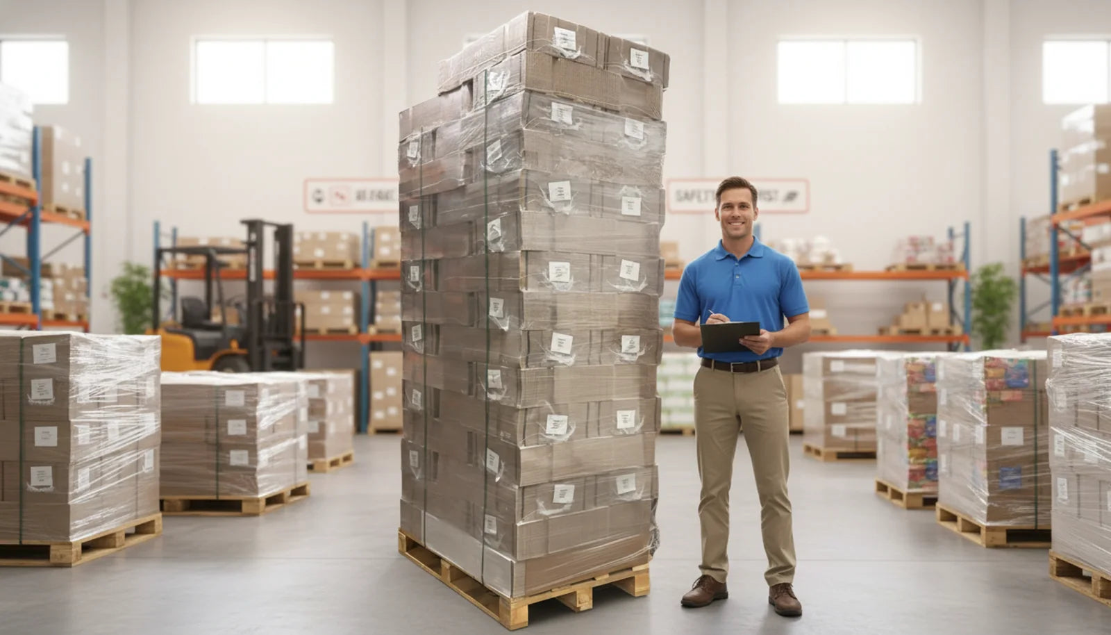 Ein Mitarbeiter vom Onlinegroßhandel Pizzabox24.com steht neben einer Palette hochwertigen Pizzakartons für einen Kunden welche frei Haus verschickt werden