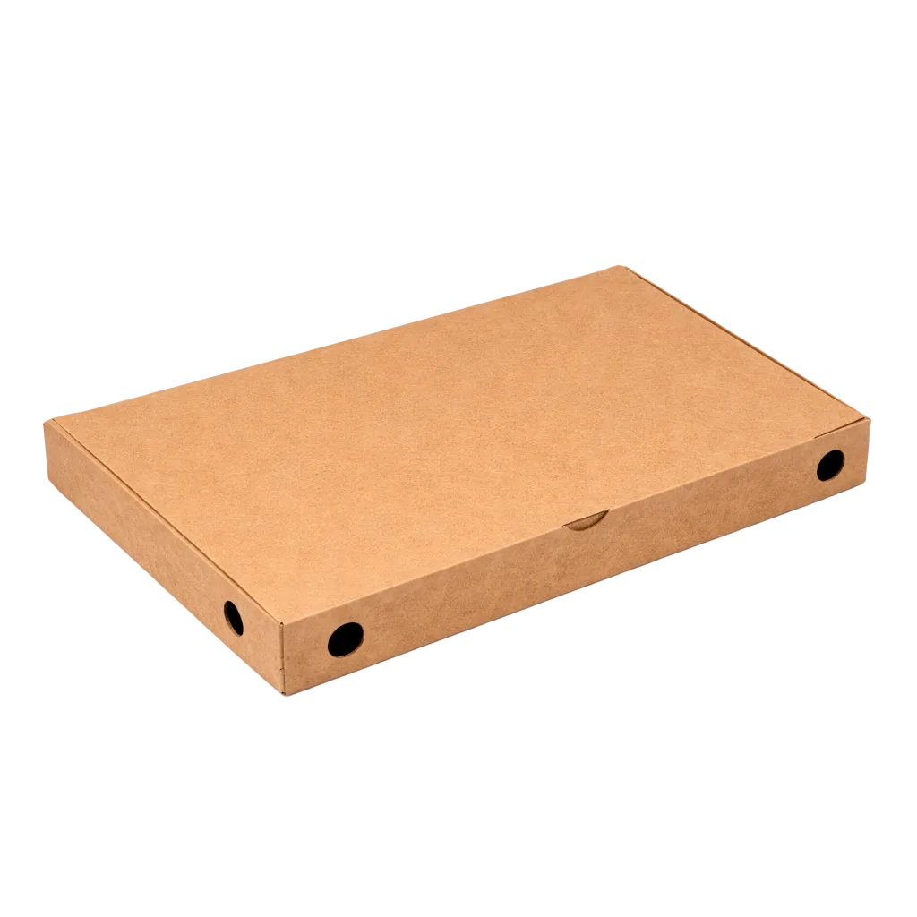 Pinsakarton 23x38x5 cm braun unbedruckt aus Kraftkarton, rechteckige Pinsa-Verpackung mit Lüftungslöchern, stabil und lebensmittelecht, ideal für Pinsa Romana im Lieferdienst und To-go-Bereich