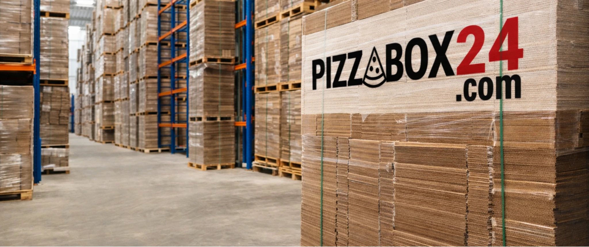 Ein Bild vom Pizzabox24.com Lager mit vielen Paletten voller Pizzakartons und Verpackungen welche günstig online im Großhandel gekauft werden können.