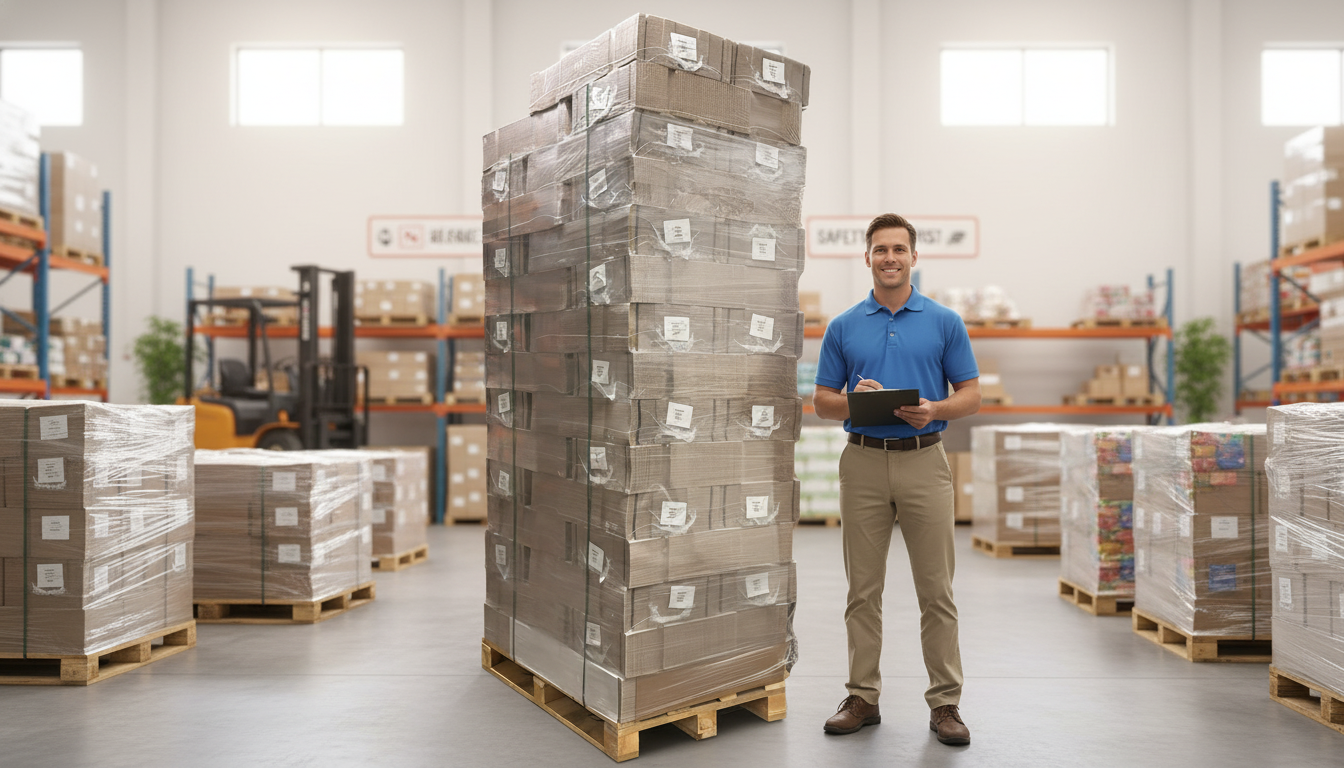 Ein Mitarbeiter vom Onlinegroßhandel Pizzabox24.com steht neben einer Palette hochwertigen Pizzakartons für einen Kunden welche frei Haus verschickt werden