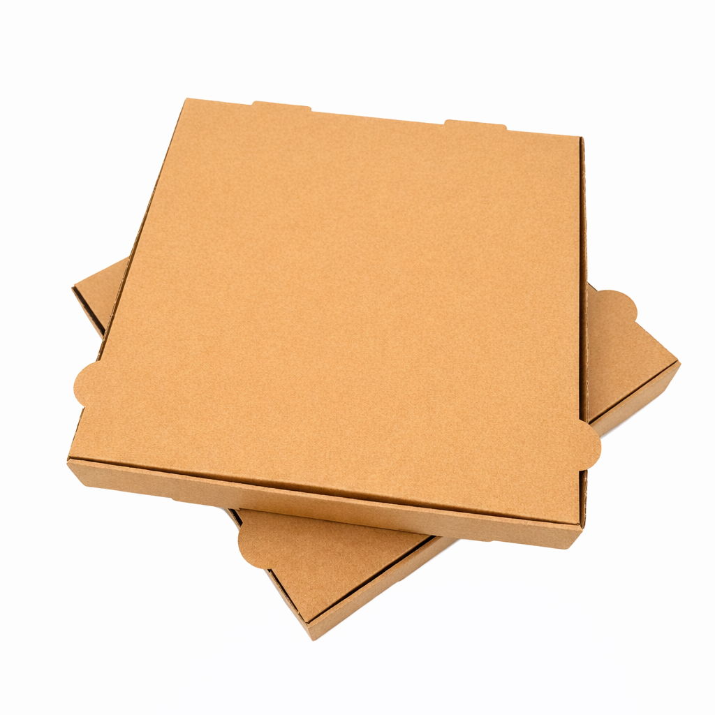 Brauner Pizzakarton aus Kraftkarton in 28x28, 30x30, 32x32 oder 33x33 cm, unbedruckt im Clean Look für neapolitanische Pizza, stabil, fettabweisend und palettenweise erhältlich