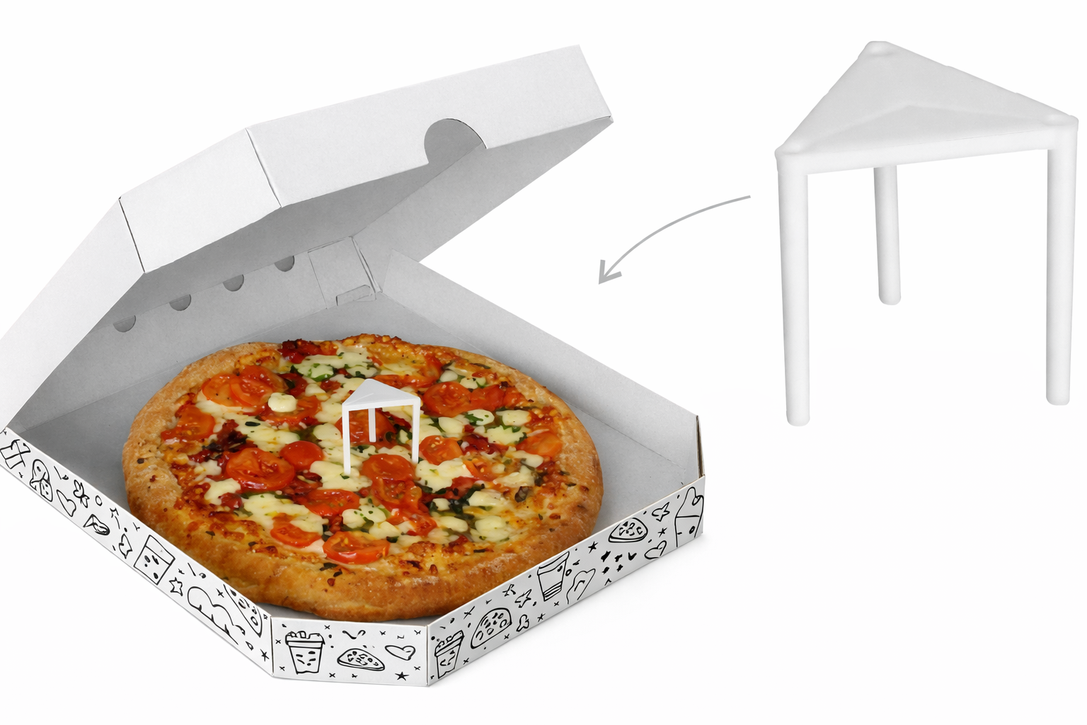 Pizzakarton mit Abstandhalter in der Mitte der Pizza – verhindert Ankleben des Deckels bei heißen, stark belegten Pizzen im Lieferservice