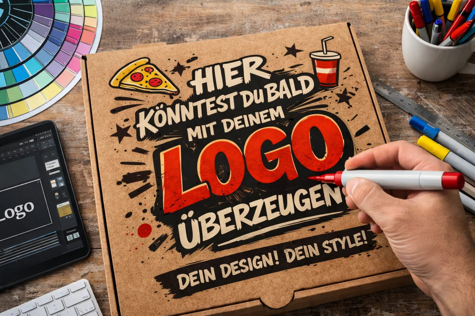 Ein Designer der einen braunen Pizzakarton individuell auf Kundenwunsch erstellt und mit eigenem Logo bedruckt