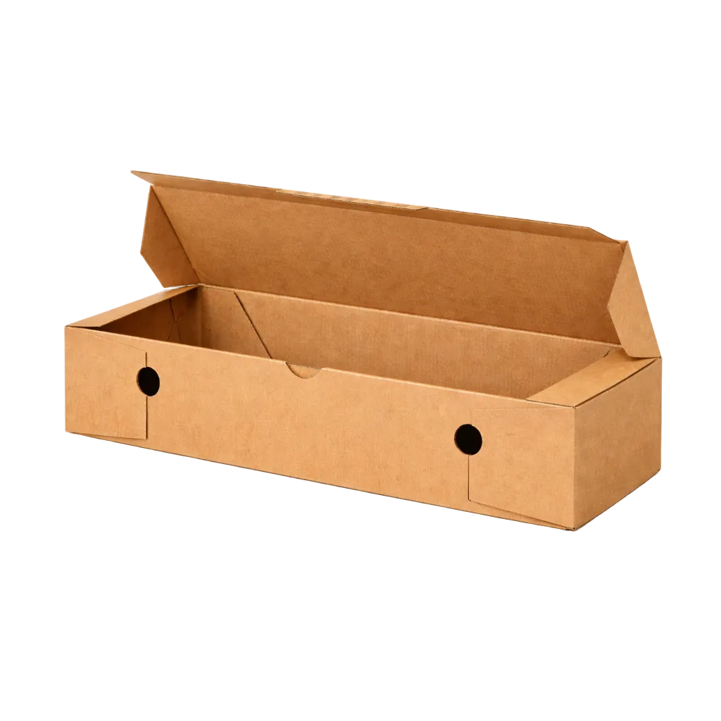 Rollobox 28x8x7 cm braun Kraft unbedruckt – stabile Pizzabrötchen Box aus Karton für Gastronomie Großhandel geöffnet