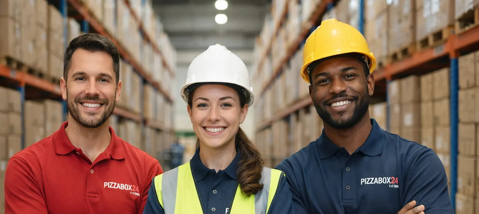 Lagermitarbeiter lächeln freundlich und befinden sich im Lager von Pizzabox24 und kümmern sich um Kundenbestellungen für Pizzerien und Gastronomen in ganz Deutschland