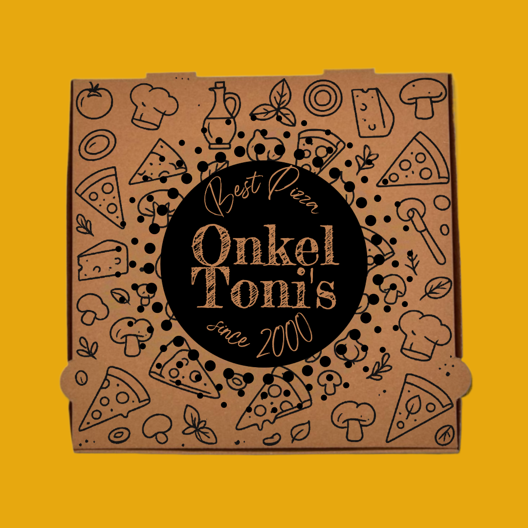 Brauner Pizzakarton mit individuellem Logodruck in Schwarz von Pizzabox24 in stabiler Qualität zu günstigen Großhandelspreisen. Druck in bis zu vier Farben auf stabilem Kraftkarton