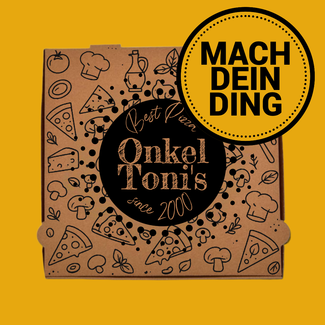 Ein bedruckter Pizzakartons in Braun mit einem schwarzen modernen Motiv und coolem Print in 32x32x4 aus stabilem Kraft Karton