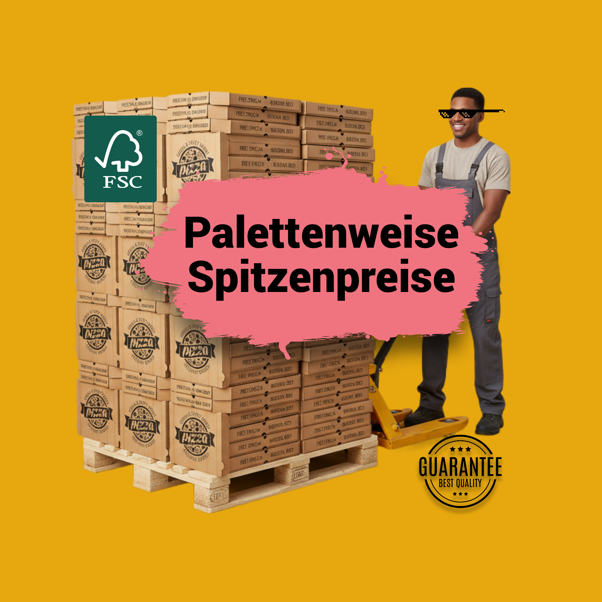 Paletten von Pizzakartons die von einem Lagermitarbeiter gezogen werden und gestapelt auf einer Europalette liegen