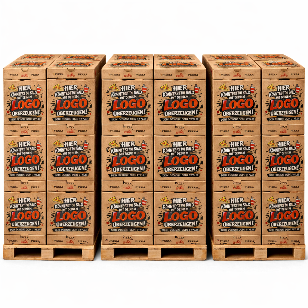 Pizzakartons und Calzoneboxen in braun auf Paletten mit individuellem Logo-Druck, moderne Verpackung für Gastronomie und Take-away, bedruckbar in 1–4 Farben, erhältlich in verschiedenen Größen von 26x26x4 bis 36x36x4 cm palettenweise günstig im Online Großhandel bei Pizzabox24