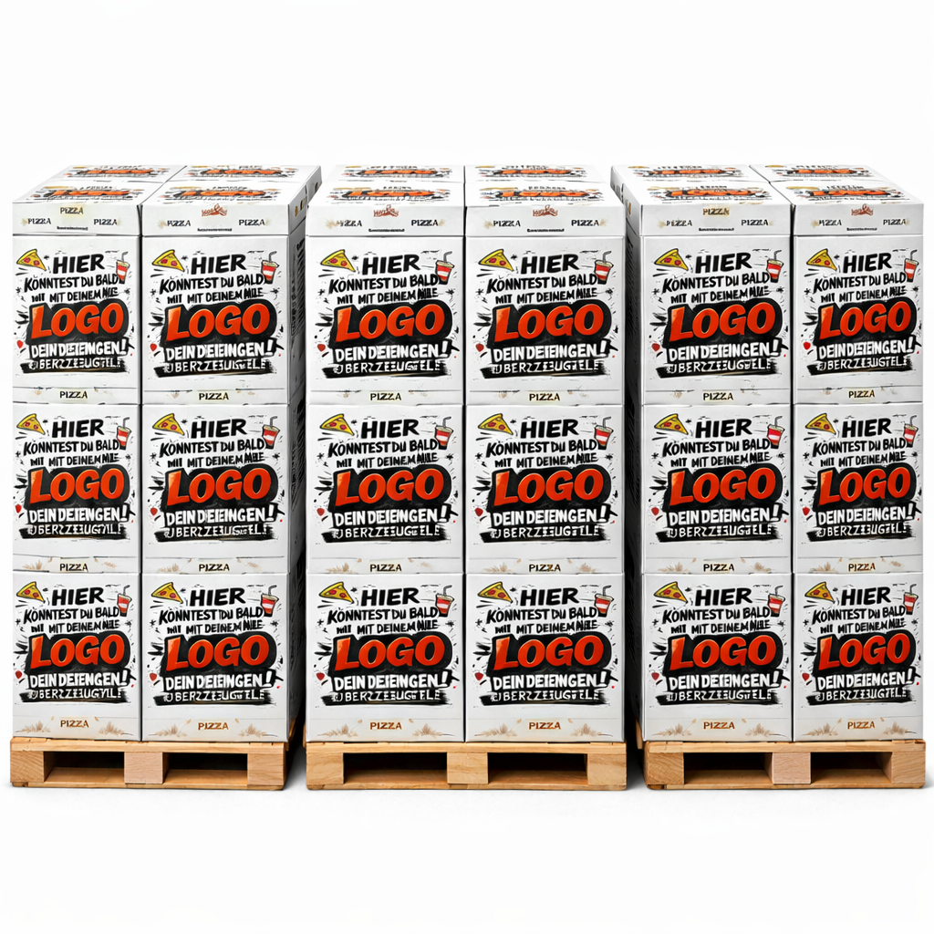 Pizzakartons , Pinsakartons, Flammkuchenkartons und Calzoneboxen in weiß auf Paletten mit individuellem Logo-Druck, moderne Verpackung für Gastronomie und Take-away, bedruckbar in 1–4 Farben, erhältlich in verschiedenen Größen von 26x26x4 bis 36x36x4 cm palettenweise günstig im Online Großhandel bei Pizzabox24