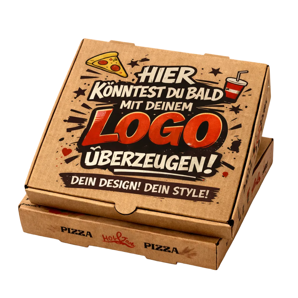 Stapel eines braunen Pizzakartons mit individuellem Logo-Druck, moderne Verpackung für Gastronomie und Take-away, bedruckbar in 1–4 Farben, erhältlich in verschiedenen Größen von 26x26x4 bis 36x36x4 cm palettenweise günstig im Online Großhandel bei Pizzabox24