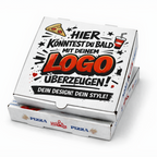 Stapel eines weißen Pizzakartons mit individuellem Logo-Druck, moderne Verpackung für Gastronomie und Take-away, bedruckbar in 1–4 Farben, erhältlich in verschiedenen Größen von 26x26x4 bis 36x36x4 cm palettenweise günstig im Online Großhandel bei Pizzabox24