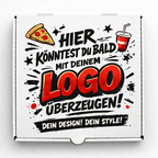 Frontansicht eines weißen Pizzakartons mit individuellem Logo-Druck, moderne Verpackung für Gastronomie und Take-away, bedruckbar in 1–4 Farben, erhältlich in verschiedenen Größen von 26x26x4 bis 36x36x4 cm palettenweise günstig im Online Großhandel bei Pizzabox24