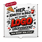 Frontansicht eines weißen Pizzakartons mit individuellem Logo-Druck, moderne Verpackung für Gastronomie und Take-away, bedruckbar in 1–4 Farben in der Größe 50x50x5 palettenweise günstig im Online Großhandel bei Pizzabox24