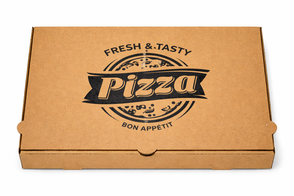 Geschlossener Pizzakarton Fresh & Tasty 60x40x5 cm in Braun mit schwarzem Druck, sehr stabiler Karton für Partypizzen und große Pizzaformate, günstig im Online-Großhandel, zuverlässige Wärmeisolierung, optimal für Pizzerien, Events, Catering und Großbestellungen