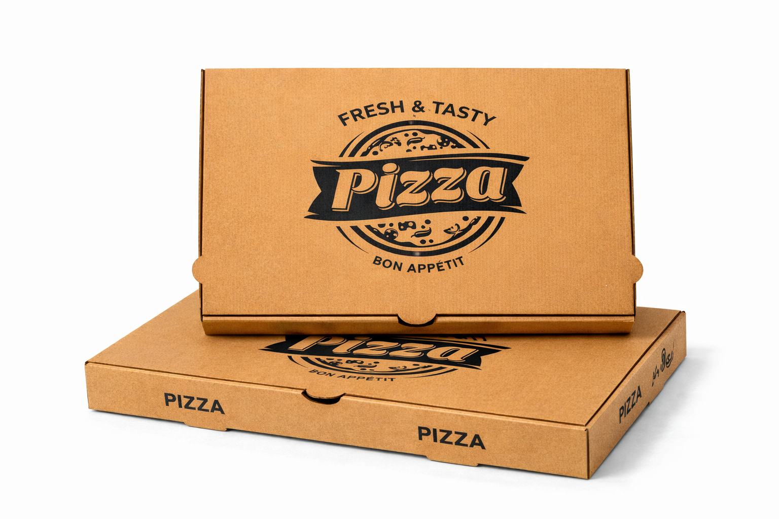 Geschlossener Pizzakarton Fresh & Tasty 60x40x5 cm in Braun mit schwarzem Druck, sehr stabiler Karton für Partypizzen und große Pizzaformate, günstig im Online-Großhandel auf Palette frei Haus, zuverlässige Wärmeisolierung, optimal für Pizzerien, Events, Catering und Großbestellungen