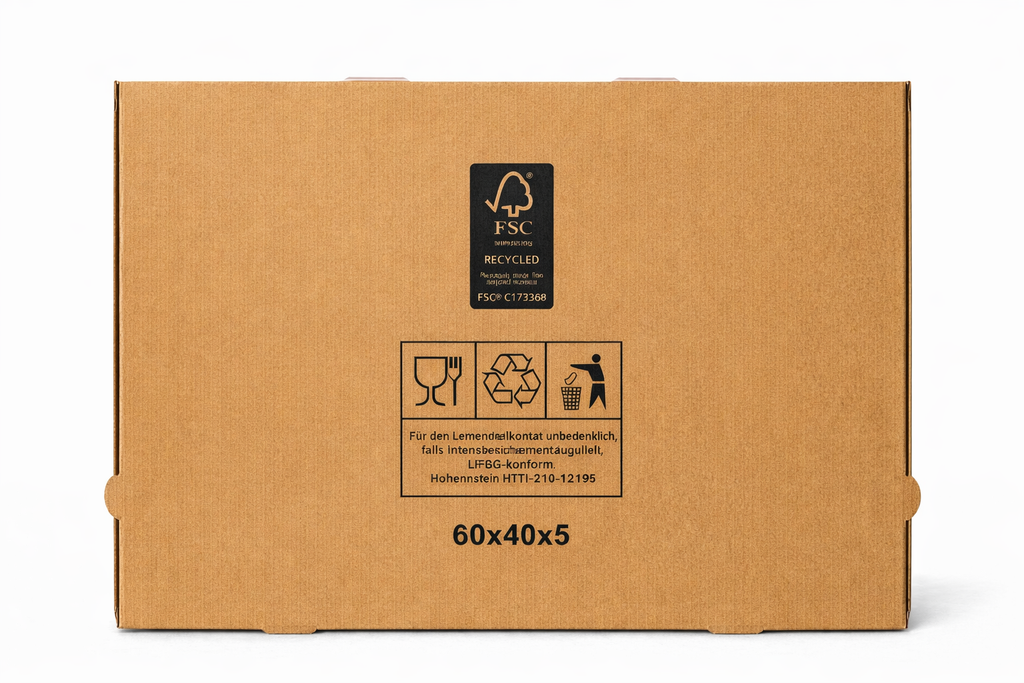 Geschlossener Pizzakarton Fresh & Tasty 60x40x5 cm in Braun mit schwarzem Druck, sehr stabiler Karton für Partypizzen und große Pizzaformate, günstig im Online-Großhandel auf Palette frei Haus, zuverlässige Wärmeisolierung, optimal für Pizzerien, Events, Catering und Großbestellungen.