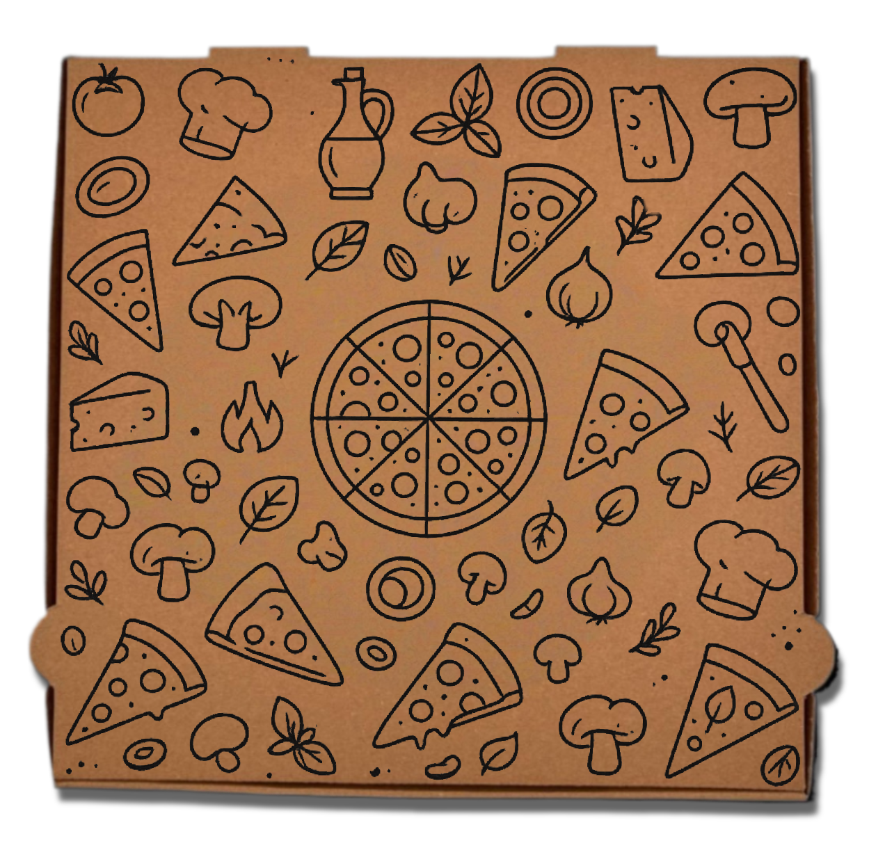 Pizzakarton Homemade braun 32x32x4 oder 30x30x4 cm mit schwarzem Muster-Druck, stabiler Karton, gleiche Qualität wie Pizzabäcker, palettenweise für Pizzerien und Lieferservice. FSC zertifiziert zu Spitzenpreisen im Online-Großhandel Pizzabox24