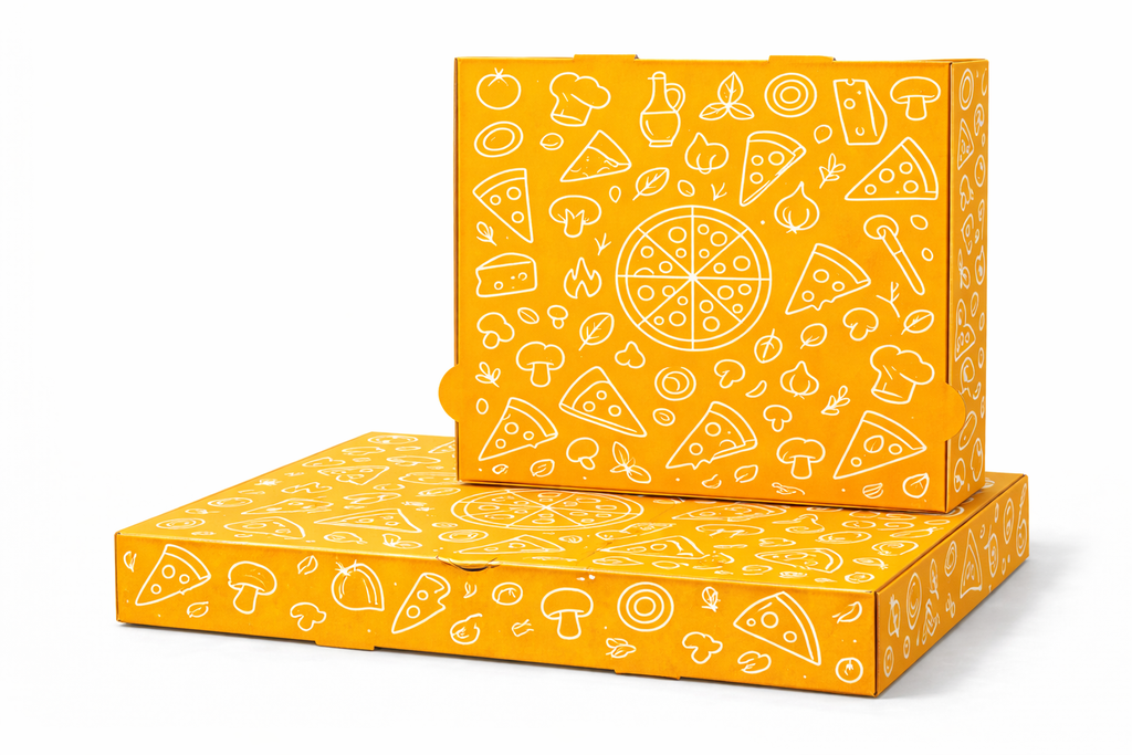 Pizzakarton Homemade weiß 32x32x4 oder 30x30x4 cm mit gelben Muster-Druck, stabiler Karton, gleiche Qualität wie Pizzabäcker, palettenweise für Pizzerien und Lieferservice. FSC zertifiziert zu Spitzenpreisen im Online-Großhandel Pizzabox24