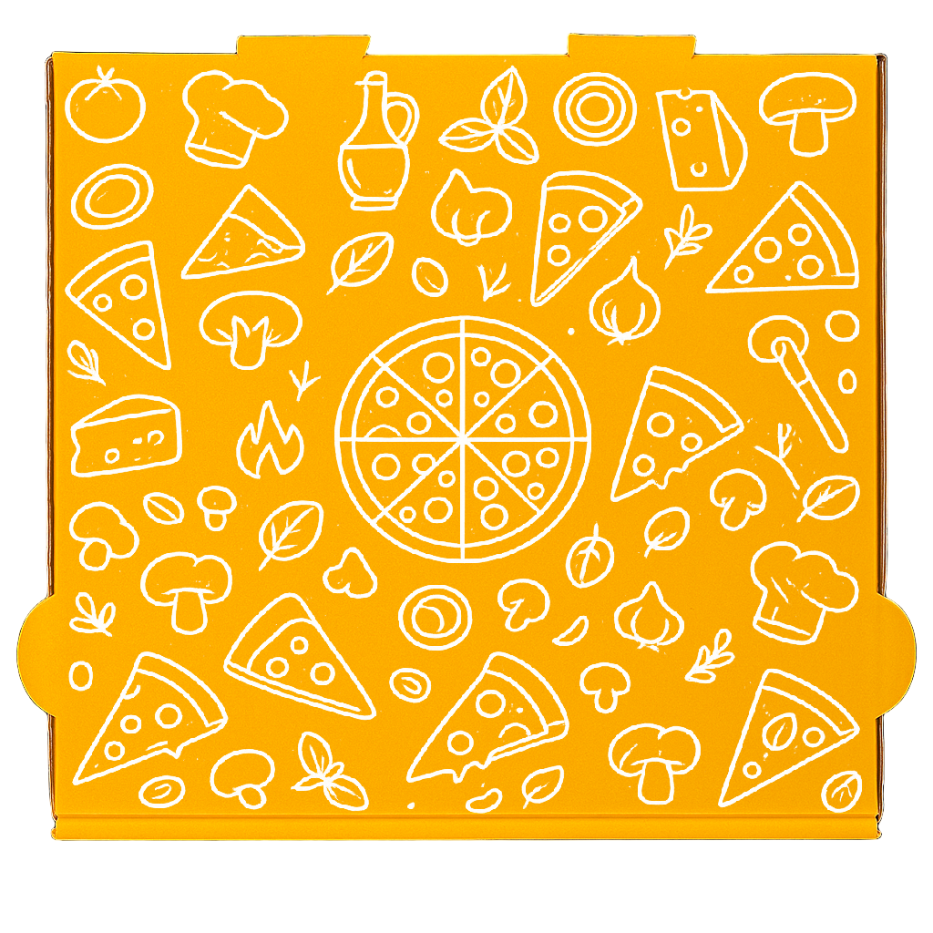 Pizzakarton Homemade weiß 32x32x4 oder 30x30x4 cm mit gelben Muster-Druck, stabiler Karton, gleiche Qualität wie Pizzabäcker, palettenweise für Pizzerien und Lieferservice. FSC zertifiziert zu Spitzenpreisen im Online-Großhandel Pizzabox24