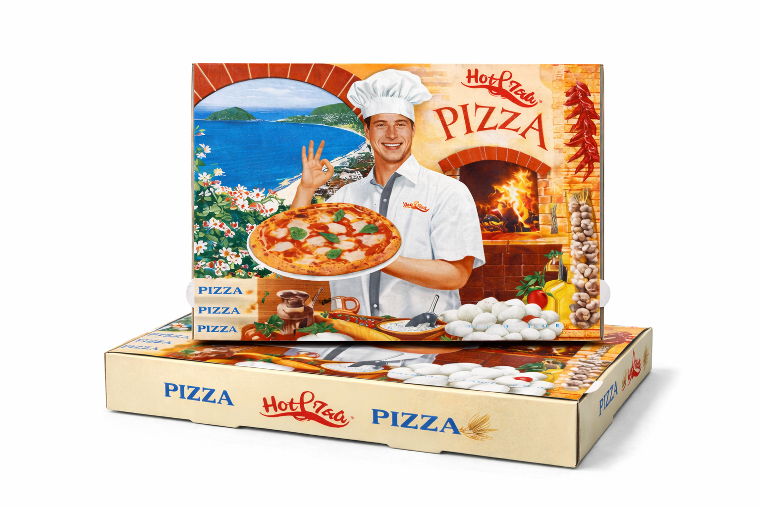 Pizzakarton Pizzabäcker Francia Partygröße 60x40x5 in weiß – stabiler und hochfester Pizzakarton für die Gastronomie und Lieferservice mit Mengenrabatt und Palettenweiser Lieferung Frei Haus und günstig