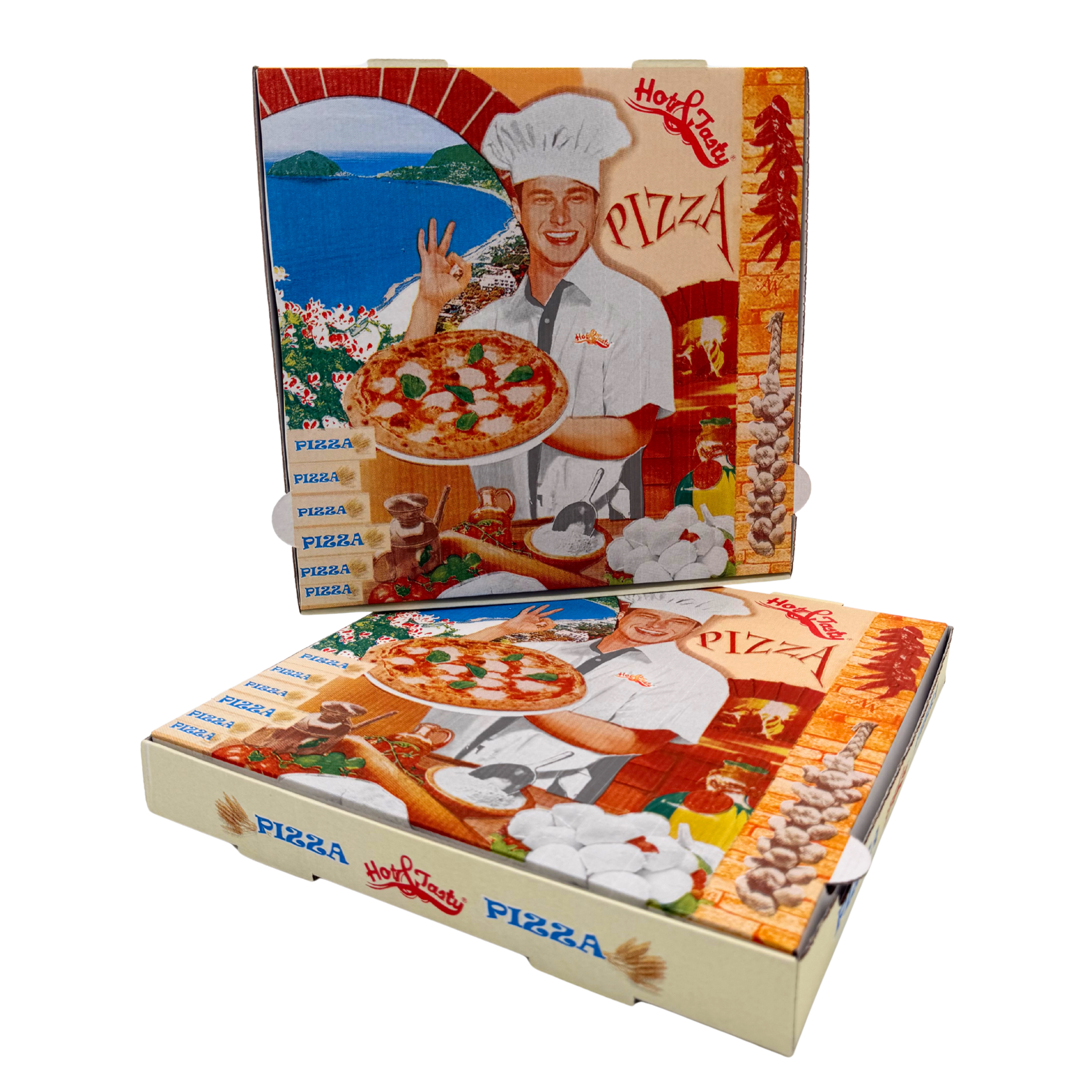 Pizzakartons Pizzabäcker Francia in allen gängigen Größen und Sonderformaten weiß – gleichbleibende Qualität und Mengenrabatte bei palettenweiser Bestellung